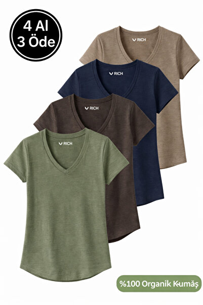 Rich Women's 4-Pack Mink-Navy Blue-Brown-Khaki 100% Organic Cotton T-Shirt V-...