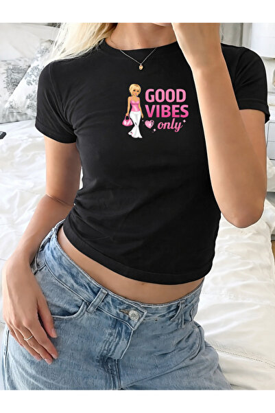 Gofeel Good Vibes Printed Black Belted Crop T-Shirt