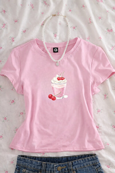 Gofeel Sweet Cherry Drink Printed Belted Pink Crop Top