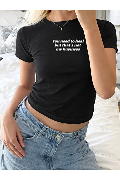 Gofeel You Need to Heal Printed Black Belted Crop T-Shirt