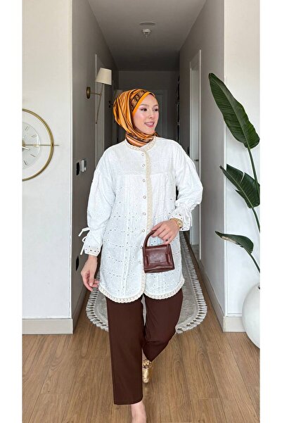 PİNK FLY Πουκάμισο τουνίκ μεγάλου μεγέθους με λεπτομέρειες από γκουπέρ και μπ...