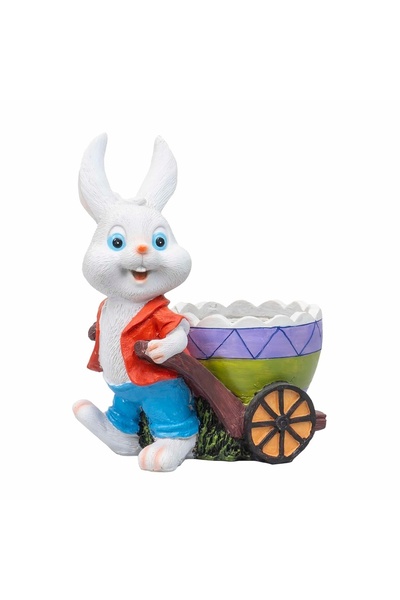 FOXMAG24 Διακοσμητικό κήπου από ρητίνη, κουνέλι με καρότσι για στήριξη λουλου...