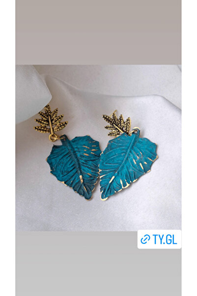 azra takı tasarım Handmade Patina Turquoise Women's Dangling Leaf Earrings