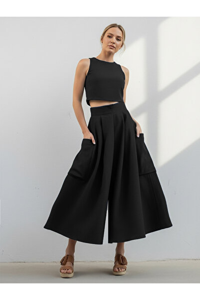 Catz Clothes Γυναικείο Σετ Μαύρο Λινό Παντελόνι Κάλι και Μαύρη Λινή Αμάνικη Μ...