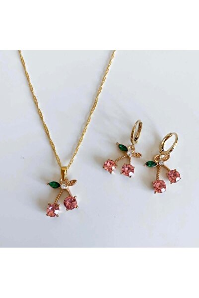 Venus Design Pembe Kiraz Kolye-Küpe Set