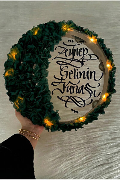 ZEYMERADE Yeşil Ledli Şeffaf Gelin Tefi 32cm, 3d Çiçek Süslemeli, Düğün Sünne...