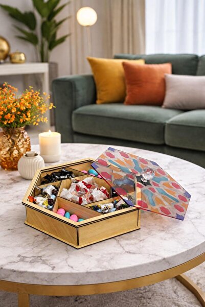 LAZORİAE Bölmeli Lüks Ahşap İkramlık – Kapaklı Dekoratif Çerezlik Sunum Kutusu