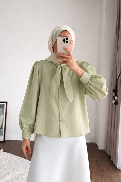 RFK Butik Kadın Etek Üstü Yaka Bağlamalı Poplin Gömlek - Açık Yeşil