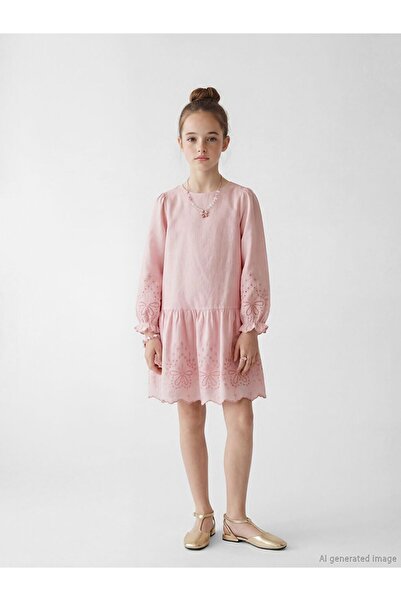 LC Waikiki Lcw Kids Pink Crew Neck Embroidered Girls' Dress