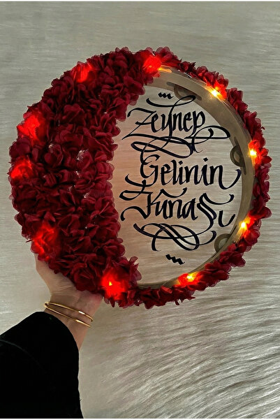 ZEYMERADE Bordo Ledli Şeffaf Gelin Tefi 32cm, 3d Çiçek Süslemeli, Düğün Kına ...