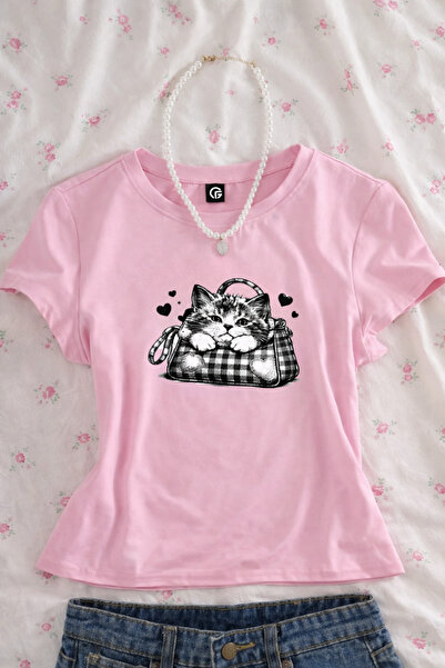 Gofeel Love Cat Basket Printed Belt Length Pink Crop