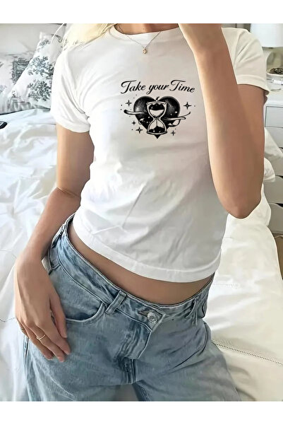 Gofeel Take Your Time Printed White Belted Crop T-Shirt