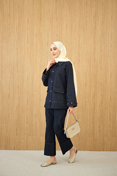 LOCCO Kadın Düğme Detay Çift Cepli Kot Takım Lacivert