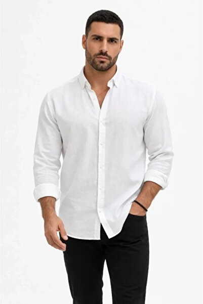 özssa Men's Linen Fabric Oversize Long Sleeve Comfortable Fit Shirt - White