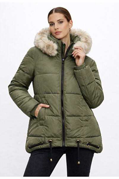 Nobrand Green puffer jacket with hood and removable fur, adjustable waist