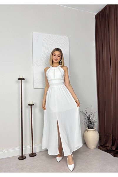 Miss Beyoğlu Women's Evening Dress Halter Neckline Maxi Dress with Motif on t...