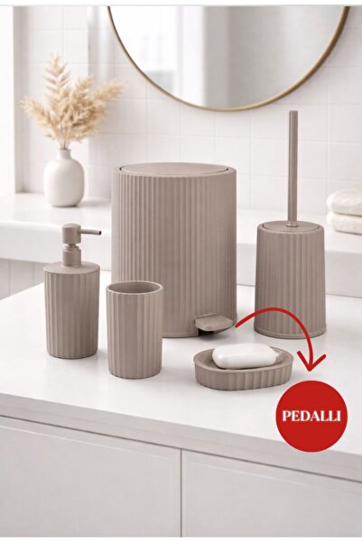 Store Set de baie HGY Home Coliseum Mink cu pedală și găleată interioară, 5 p...