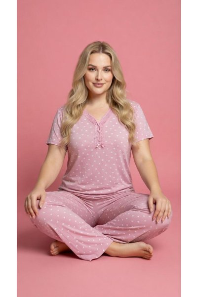 MEBA Women's Mom Plus Size Patterned Collared Buttoned Short Sleeve Combed Cotton Pajama Set
