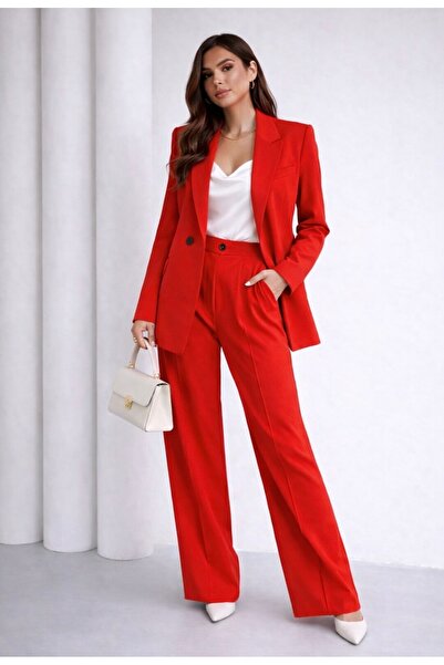 HOEK Γυναικείο κόκκινο μπλέιζερ σακάκι Palazzo Panlolon κοστούμι