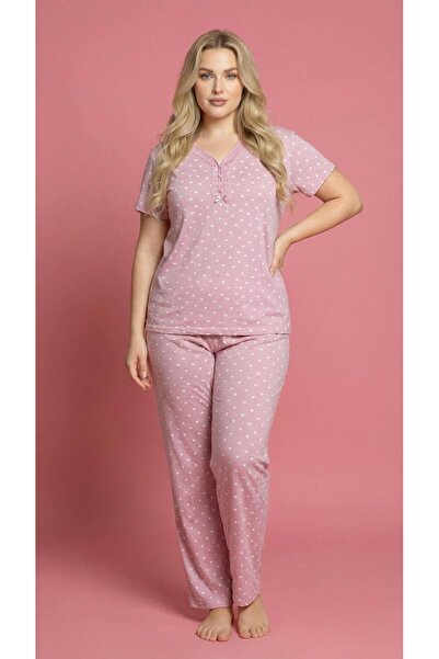 MEBA Γυναικείο σετ πιτζάμες από χτενισμένο βαμβάκι με μεγάλο σχέδιο, κουμπιά ...