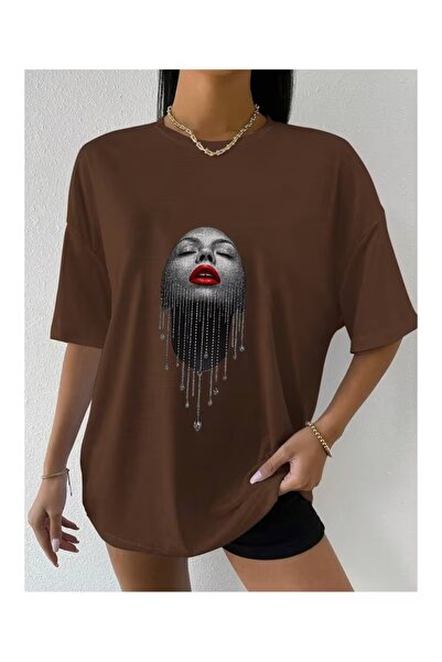 JENOLAN Tricou supradimensionat cu imprimeu facial pentru femei
