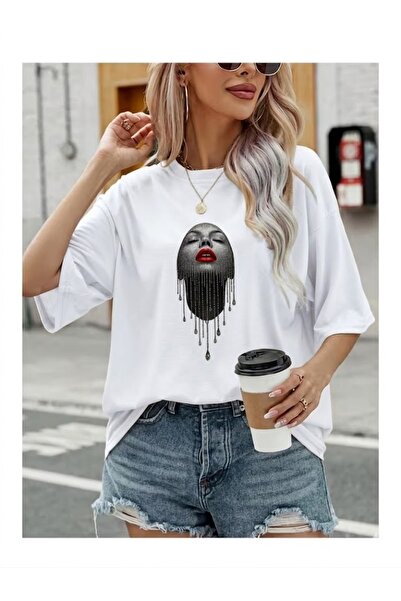 WOODROFFE Γυναικείο μπλουζάκι με στάμπα στο πρόσωπο, oversized, casual