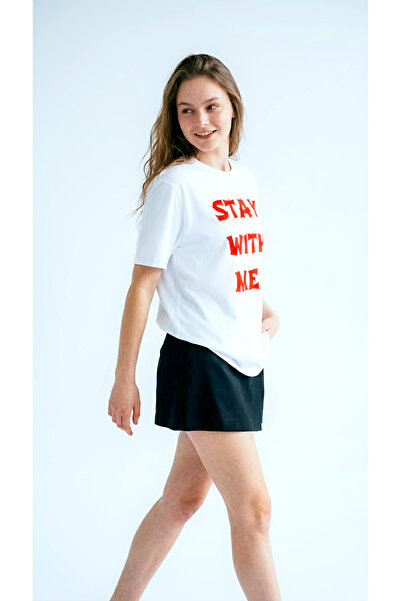 HOXİE Women's White Red Slogan Printed Oversize Crew Neck T-Shirt
