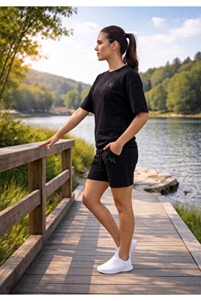 SAAT TEKSTİL Μαύρο Σετ Γυναικείο Σορτς & Μπλουζάκι με Λεπτομέρεια Λογότυπου M...