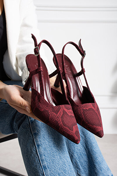 dabab shoes SNAPE Kadın Bordo Yılan Desenli Sivri Burun 7 cm Topuklu Slingbac...