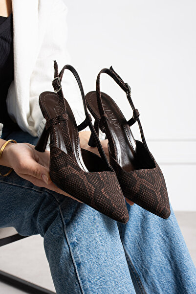 dabab shoes SNAPE Kadın Acı Kahve Yılan Desenli Sivri Burun 7 cm Topuklu Slin...