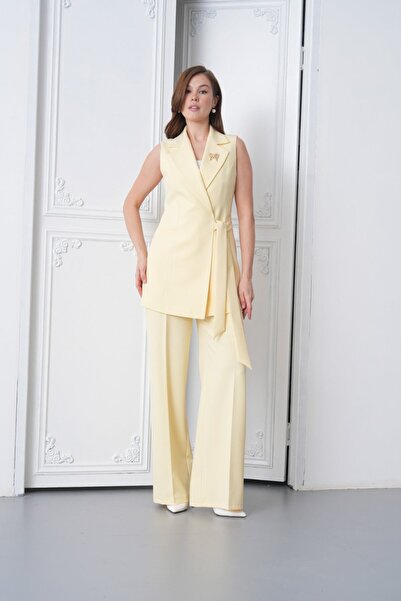 nodilife Kuşaklı Broş Detay Yelekli Kadın Takım Limon