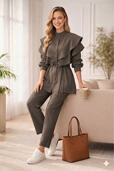 QUBERZ Κοστούμι παντελονιού με λεπτομέρεια βολάν και δέσιμο στη μέση