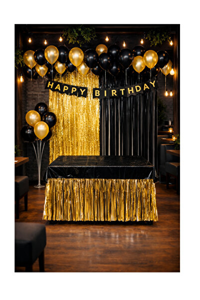 HAPPYLOOPPARTY Siyah Gold Doğum Günü Parti Kutlama & Perde & Banner & Masa Sü...