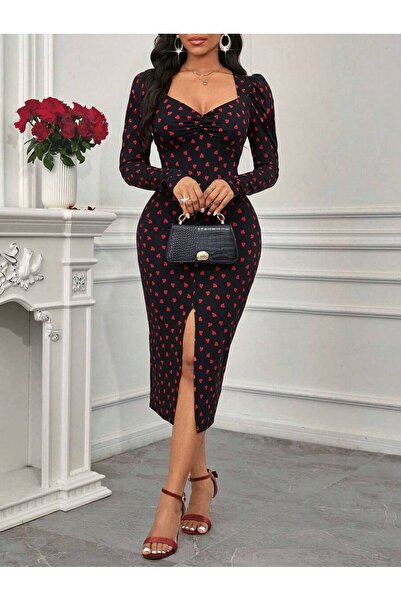 Iuliashop Rochie midi neagră Sefima cu inimi roșii - S
