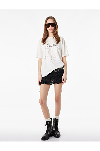 Koton Άνετο βαμβακερό μπλουζάκι με κοντό μανίκι και στάμπα College Crew Neck