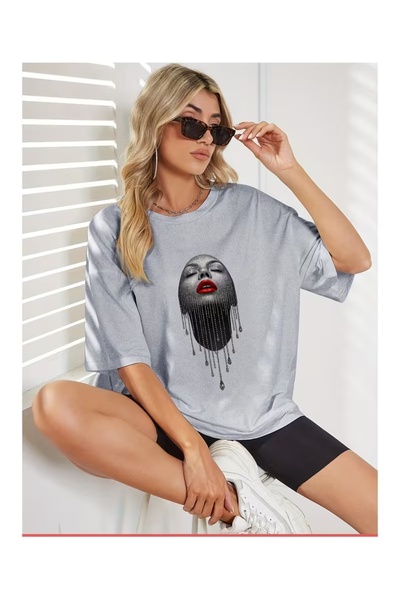 WOODROFFE Γυναικείο μπλουζάκι με στάμπα στο πρόσωπο, oversized, casual