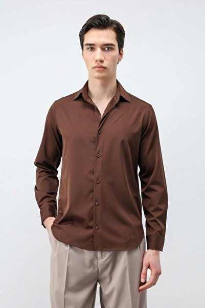 Antioch Καφέ Comfort Slim Ανδρικό Πουκάμισο