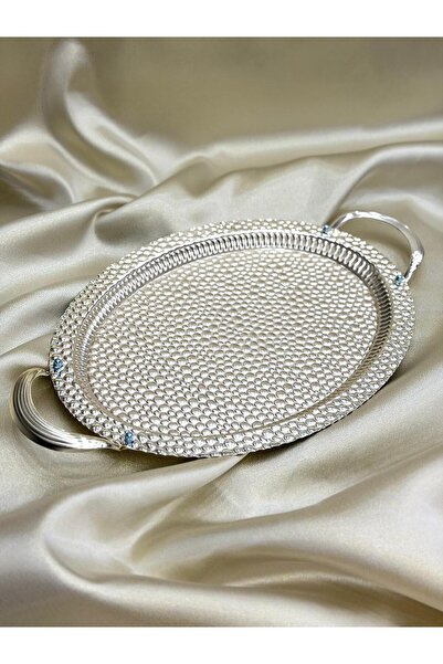 GÜRLEK TEKSTİL Σουβέρ - Δίσκος Σοκολάτας Οβάλ Ανάγλυφο Ασημί Χρώμα 28 x 46