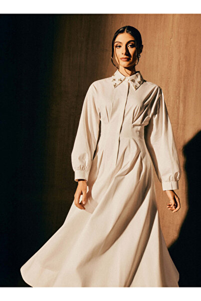 Iconic Pintuck Shirt Women Dress with Embellished Collar