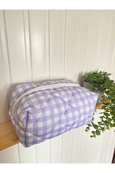Estetik Lila Pötikare Kapitone Büyük Boy Makyaj Çantası 20x10x10 cm