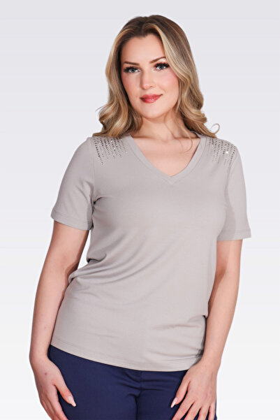 TOLGA SARAÇOĞLU 10744 Gray Stone Printed V-Neck Short Sleeve Knitted Blouse