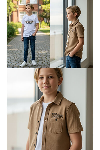 İdeal Survivor 7188 Erkek Çocuk Dalgalı Jakarlı Çıtçıtlı Gömlek T-Shirt Kolye...