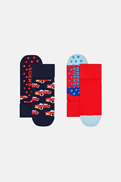 Happy Socks - طقم جوارب للأطفال بنمط سيارة مضاد للانزلاق مكون من قطعتين