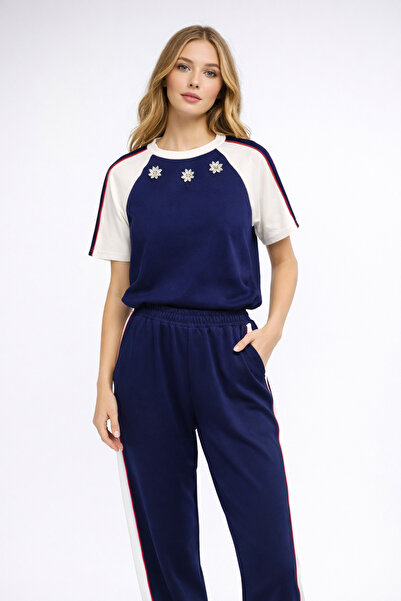 Kureyzibies Navy Blue Stripe Detailed Stone Embroidered Sports Set