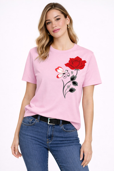 VODEXA Tricou oversize pentru femei, cu imprimeu RED ROSE, 100% bumbac, croia...