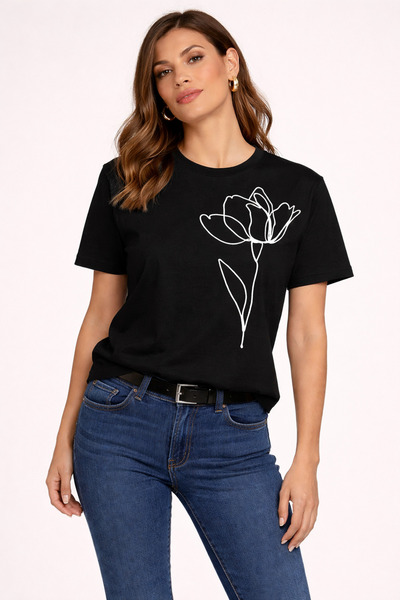 VODEXA Tricou oversize pentru femei, cu imprimeu BLACK FLOWER, 100% bumbac, c...