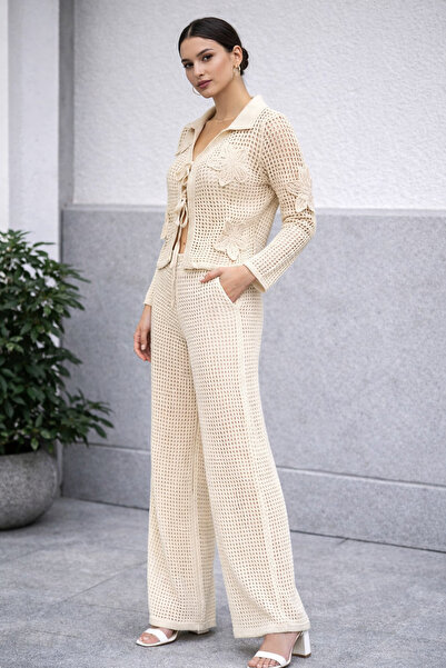 Sea Style Openwork Knitted Cardigan and Pants Set – Floral Detailed Bohemian ...