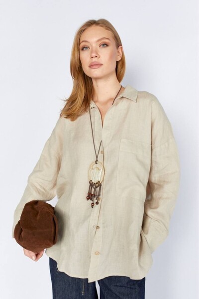 CGA Λινό Γυναικείο Πουκάμισο Πέτρινο Χρώμα Λινό Πουκάμισο