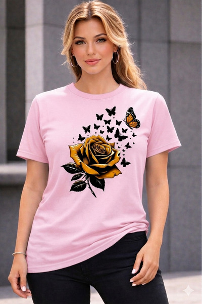 VODEXA Tricou oversize pentru femei, cu imprimeu YELLOW ROSE, 100% bumbac, cr...