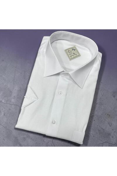 GÖMLEK GALERİSİ Classic Wide Cut White Men's Plain Short Sleeve Cotton Shirt
